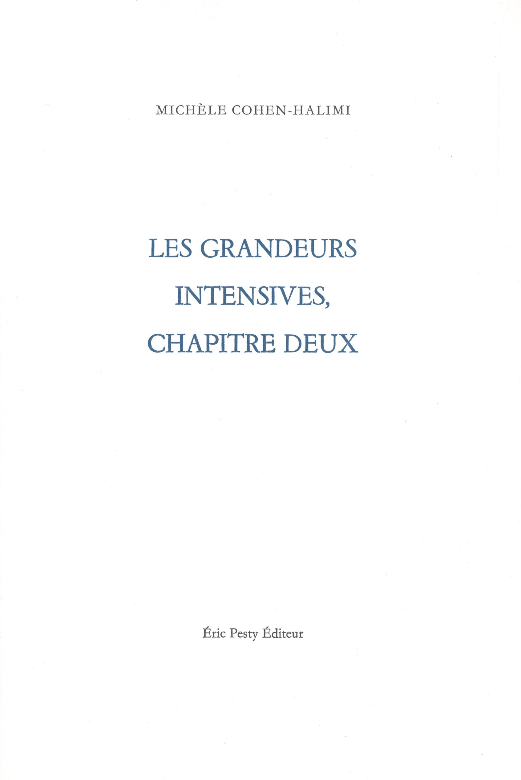 Couverture de COHEN-HALIMI, Michèle, Les grandeurs intensives, chapitre deux, 96 p., Eric Pesty, 2021