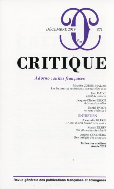 Couverture de Sur Adorno. Suites françaises, Critiques, n° 871, 2020