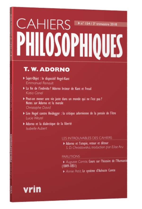 Couverture de Theodor W. Adorno, Cahiers philosophiques, n° 154, Janvier 2019