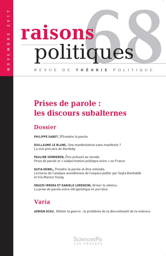 Couverture de Prises de paroles. Les discours subalternes, Raisons politiques, n° 68, Novembre 2017