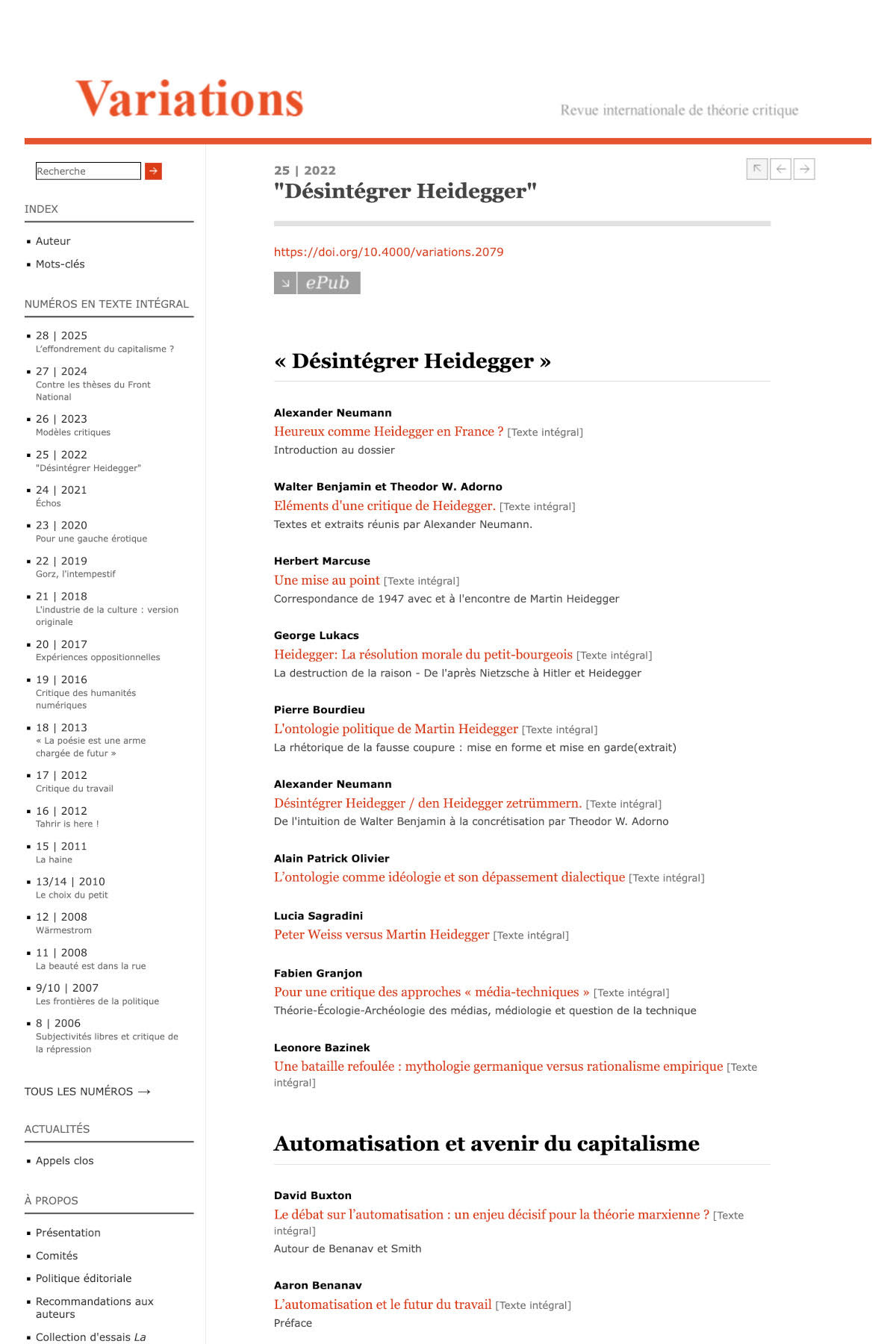 Couverture de Désintégrer Heidegger, Variations, n° 25, 2022
