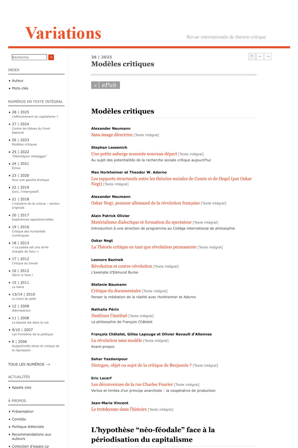 Couverture de Modèles critiques, Variations, n° 26, 2023