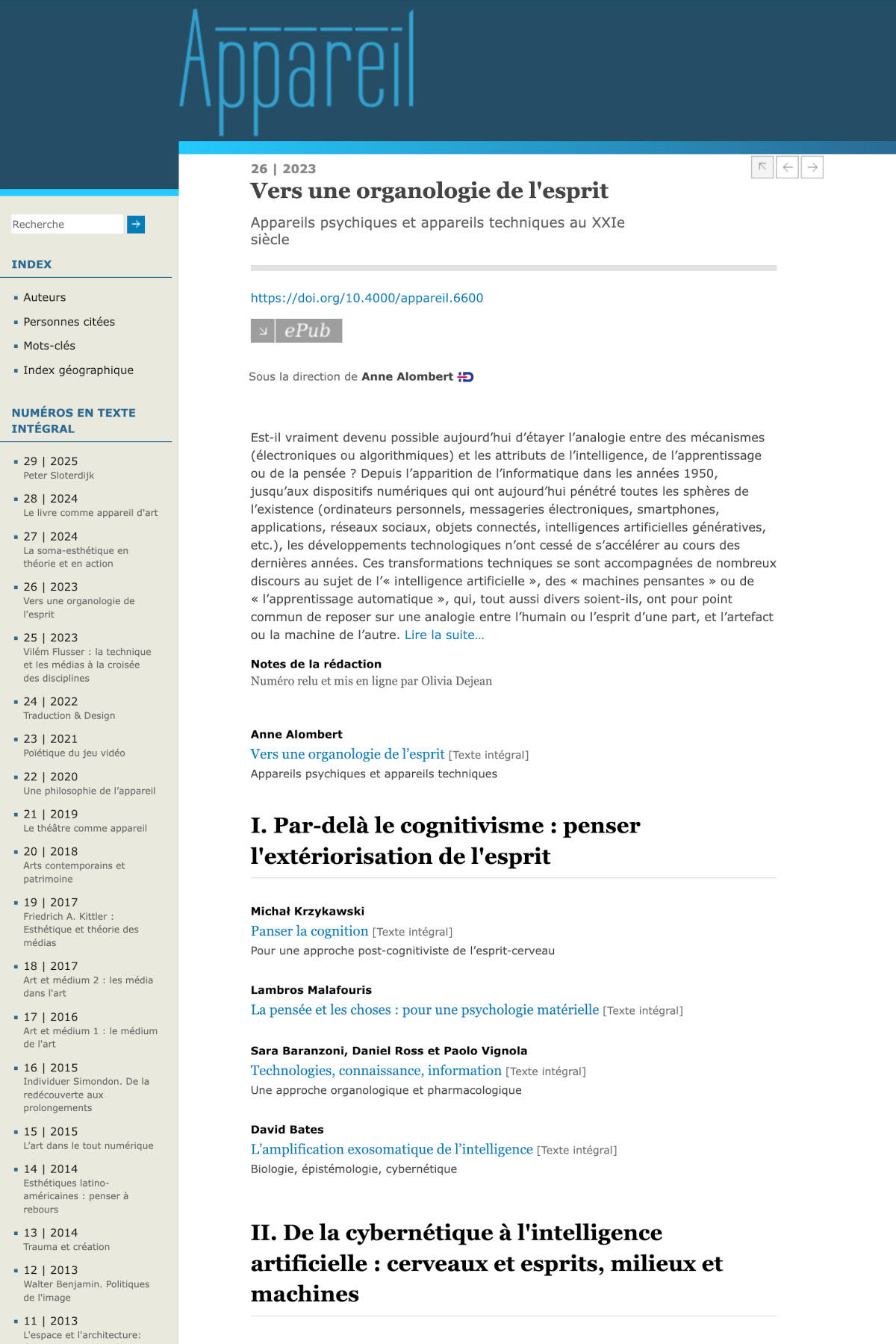 Couverture de Vers une organologie de l'esprit. Appareils psychiques et appareils techniques au XXIe siècle, Appareil, n° 26, 2023