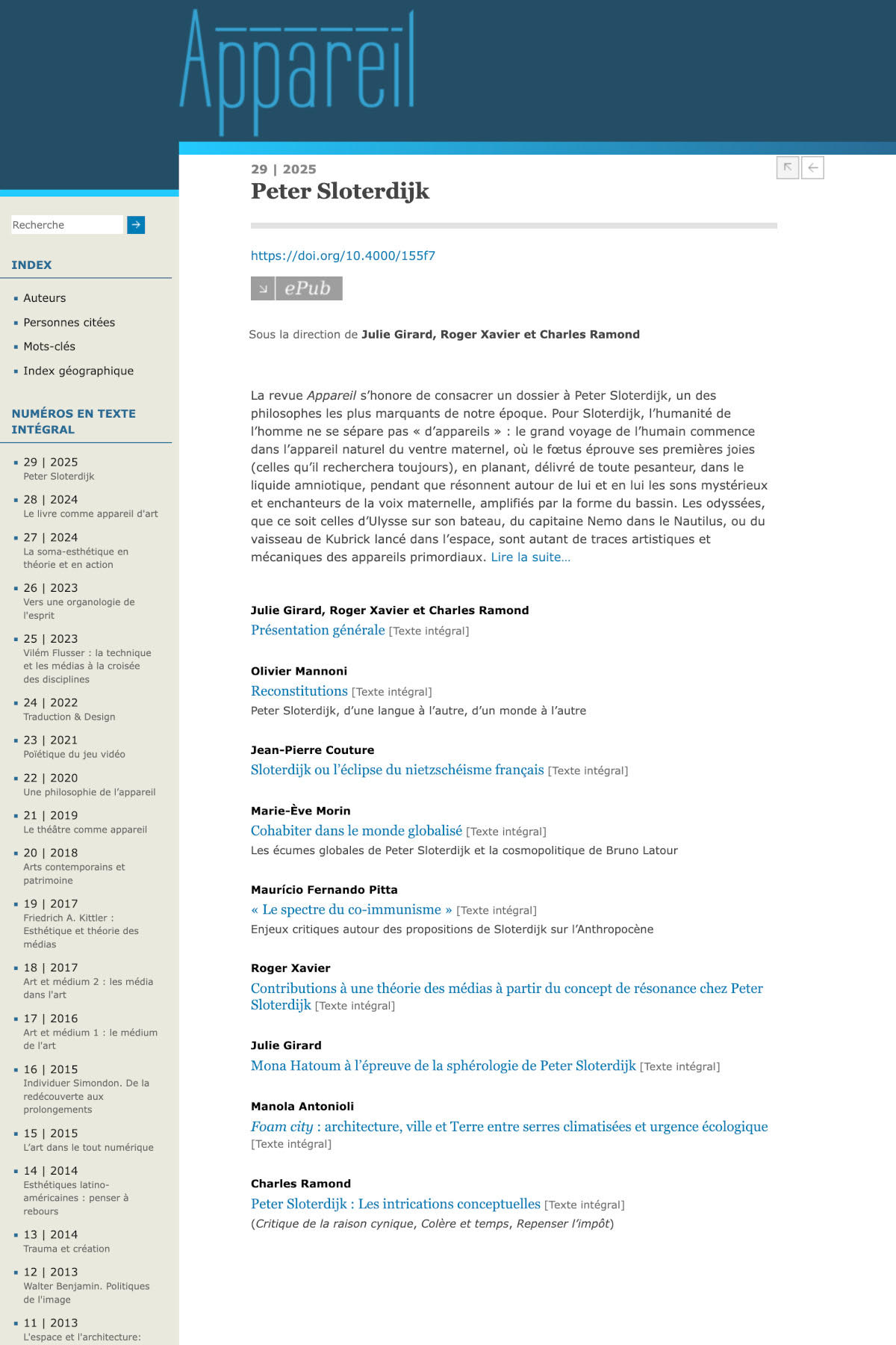 Couverture de Peter Sloterdijk, Appareil, n° 29, 2025